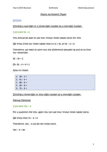 Year 6 SATS Revision Arithmetic Paper 1 Division Skills (2016+)