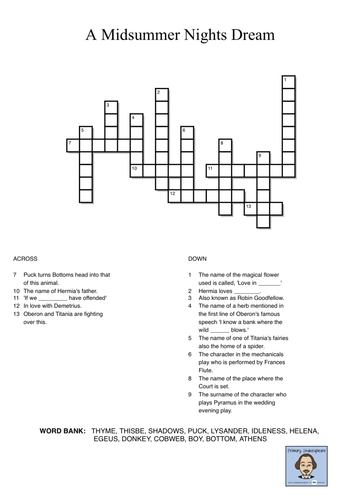 KS2 A Midsummer Night s Dream Crossword (LAP Word Bank inc