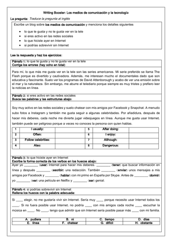 Spanish GCSE Writing Media & Technology: a model writing answer with exercises & translation