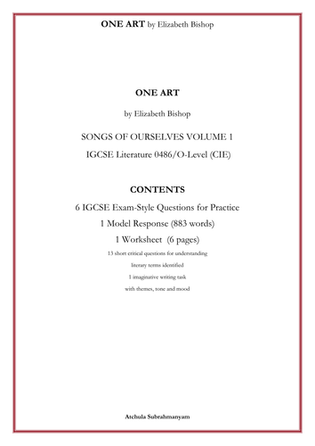 ONE ART  by Elizabeth Bishop: 6 IGCSE Exam-Style Questions_1 Model Response_1 Worksheet