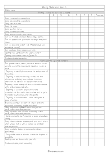 Writing Assessment Moderation Sheet Year 5 | Teaching Resources