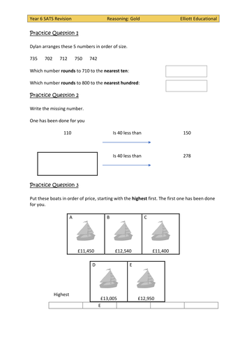 Year 6 SATS Maths Reasoning Paper 2 Revision Questions Gold/Exceeding level (2016+)