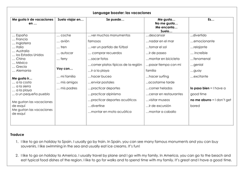 Spanish GCSE KS3 holidays language mat sentence builder las vacaciones opinions