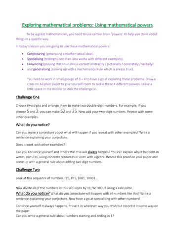 Problem solving with number activities using mathematical 'thinking