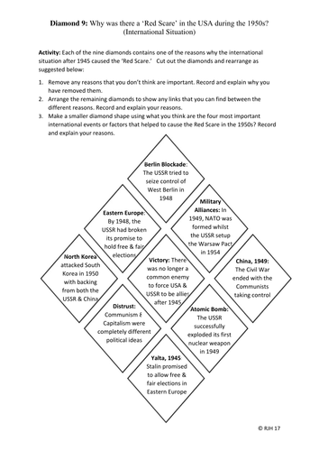 Diamond 9: How did the international situation help to cause the 'Red Scare' in the USA?