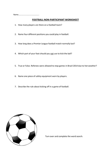 non participant worksheet football teaching resources