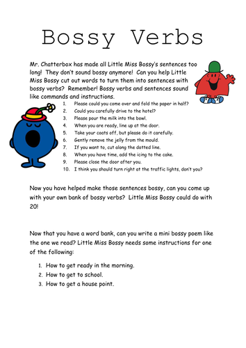 Bossy Verbs Worksheet Year 2