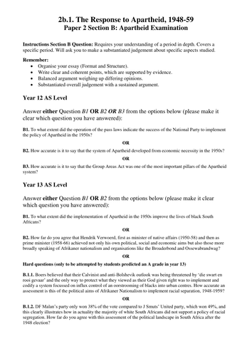 Apartheid Assessments Ed Excel Unit 2 6th Form Year 12 And 13 