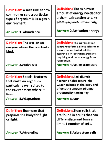 GCSE Biology AQA - Quiz quiz trade cards