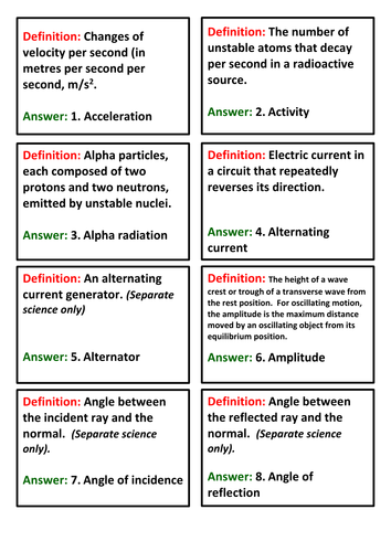 GCSE Physics AQA - Quiz quiz trade cards