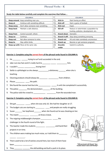 phrasal verbs beginning with k revision worksheet teaching resources