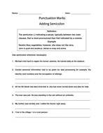 Worksheet of Punctuation Marks-Semicolon with Answer key | Teaching