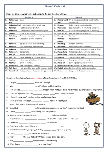 phrasal verbs beginning with m revision worksheet