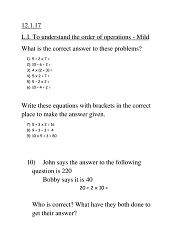 bodmas year 6 order of operations with 3 levels of differentiation