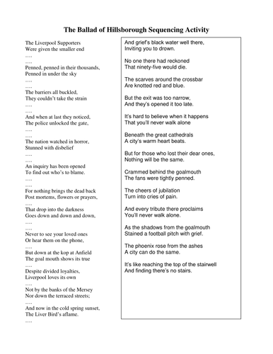 Ballad of Hillsborough sequencing activity | Teaching Resources