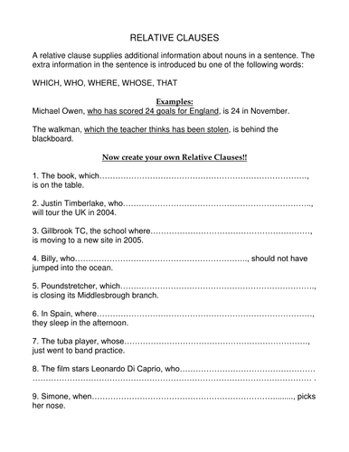 Worksheet on relative clauses