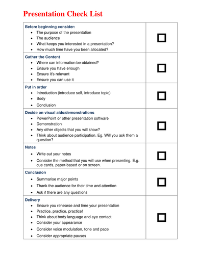 presentation criteria checklist