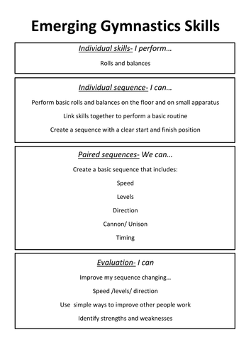 Assessment without Levels Gymnastics Skill cards