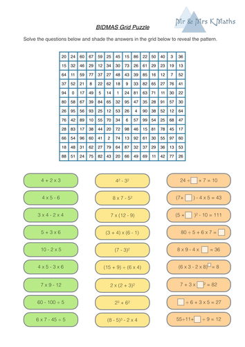 BIDMAS grid puzzle - SELF MARKING