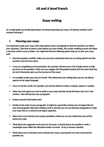 Writing an essay- Student guide- AS and A level FRENCH | Teaching Resources