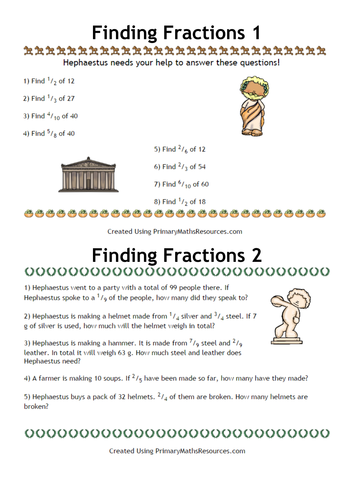 Fractions and Decimals Worksheets with an Ancient Greek Theme for Year
