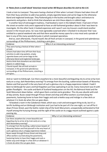 Bill Bryson notes from a small Island. Extracts on Liverpool, Blackpool and Milton Keynes. Questions