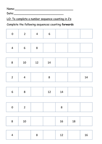 Number Sequences - Differentiated worksheets - Counting in 1's, 2's and ...