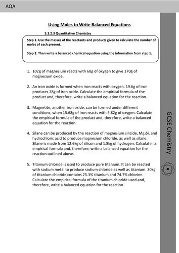 AQA GCSE Chemistry Balancing Equations from Reacting Masses and from Empirical Formulae