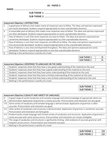 New Spanish A Level Year 1 (AS): Paper 3 (speaking) booklet