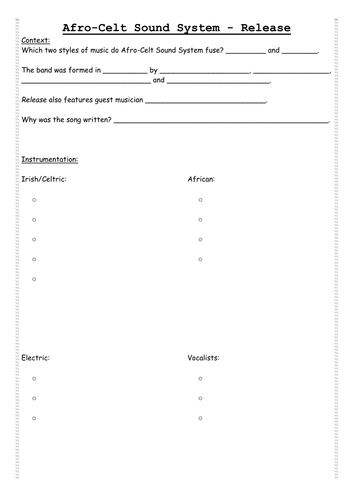 GCSE Edexcel 9-1 Release, Afro Celt Sound System Work Booklet