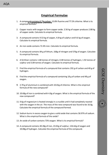 GCSE and AS Chemistry Calculating Empirical Formula Worksheet - 14 questions with answers