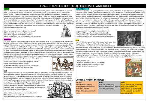 Elizabethan context (A03) for Romeo and Juliet. Handy A3 sheet with differentiated activities.