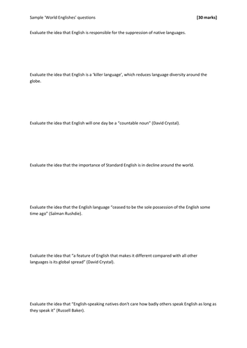 World Englishes Essay Questions - A Level English Language | Teaching ...