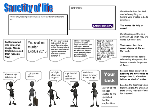 Pupil worksheet on the sanctity of life introduction lesson