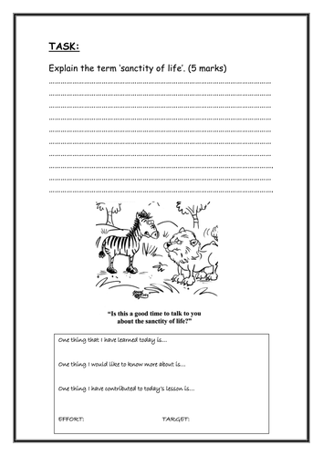 Sanctity of life info work sheet to add to the initial worksheet.