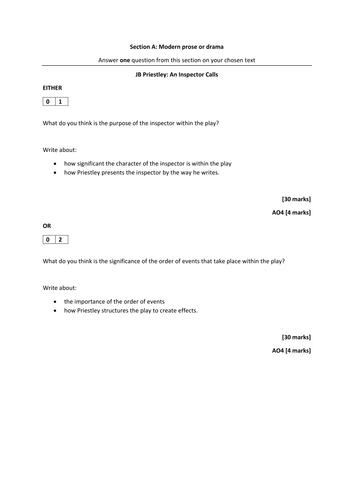 An Inspector Calls AQA New specification GCSE Sample assessment 1 - exam question