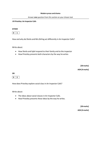 An Inspector Calls AQA New specification GCSE Sample assessment 2 - exam question