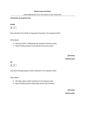 An Inspector Calls AQA New specification GCSE Sample assessment 3 - exam question