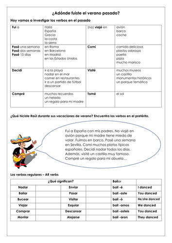 Spanish KS3 GCSE holidays preterite past tense las vacaciones preterite reading writing