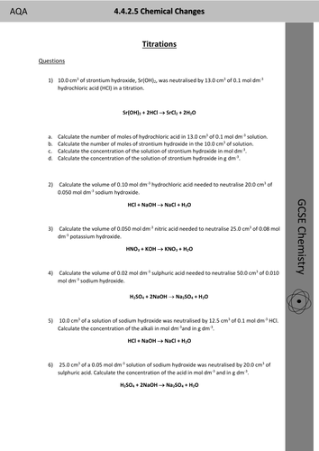 GCSE and AS Chemistry Titrations Calculations Practice Worksheet