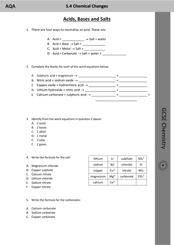 GCSE Chemistry Acids Bases And Salts Worksheet Teaching Resources