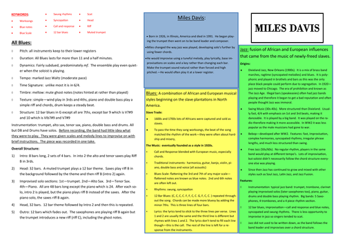 Miles Davis GCSE Revision Placemat