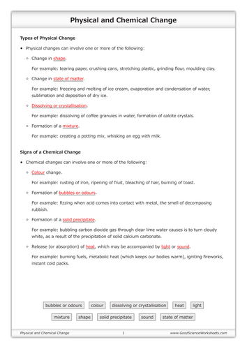 physical and chemical change worksheet teaching resources