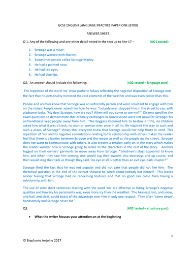 GCSE ENGLISH LANGUAGE PRACTICE PAPER ONE ANSWER SHEET