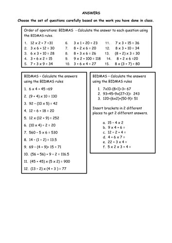 bidmas homework year 6