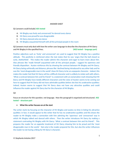 GCSE ENGLISH LANGUAGE PRACTICE PAPER ONE (4) ANSWER SHEET