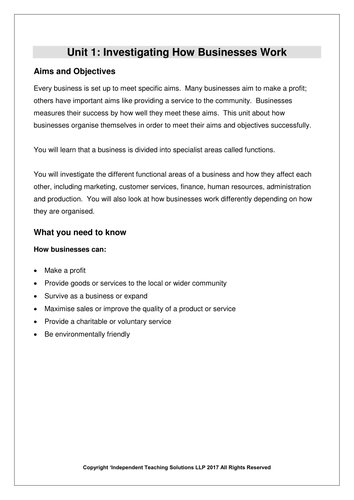 GCSE Business - Unit 1 Investigation how businesses work | Teaching ...