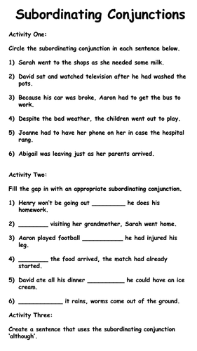 Subordinating Conjunctions Mini-Assessment Activity | Teaching Resources