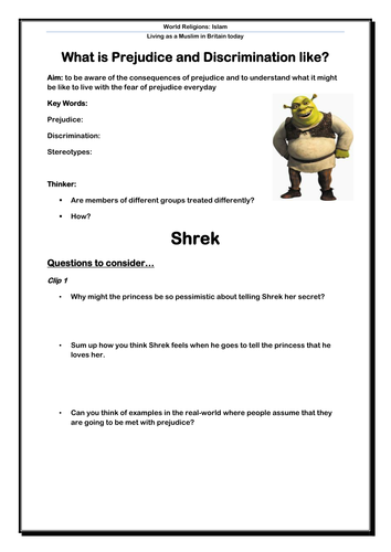 Prejudice and Discrimination using Shrek - Pupil Worksheet