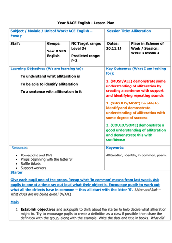 lesson plan to accompany alliteration ppt